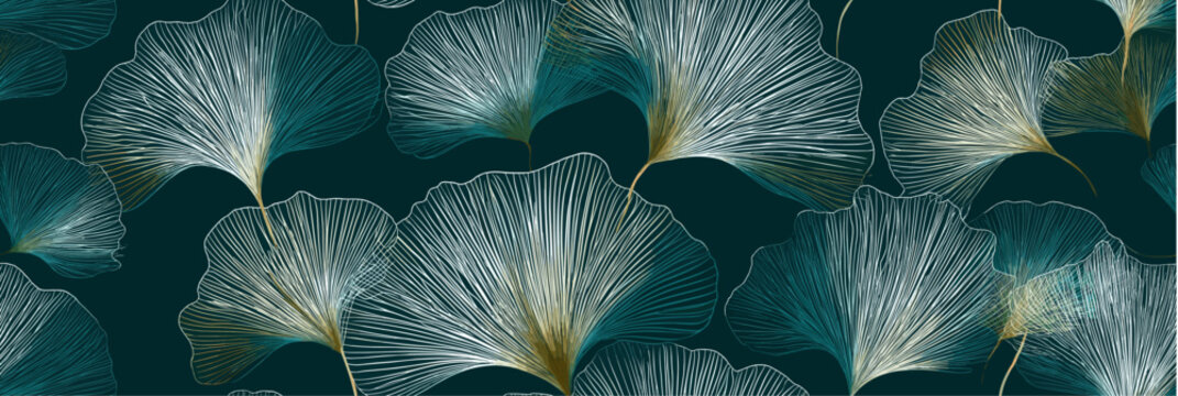 Abstract pattern featuring teal and white fan shapes with golden highlights on a dark teal background. Fan-shaped lines seamless pattern with golden accents