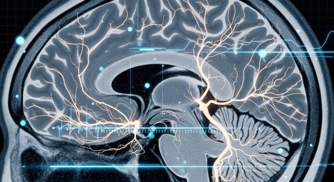 Detailed sagittal view of a human brain with highlighted neural pathways and digital interface