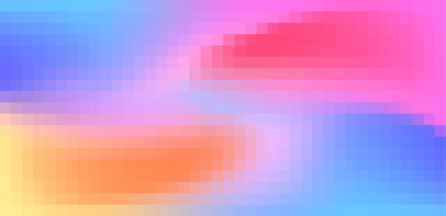 Pixel gradient background with vibrant pink, blue and yellow colors in abstract texture. Retro bitmap mosaic with geometric squares and digital patterns for gaming banners and modern designs. © vectorpouch