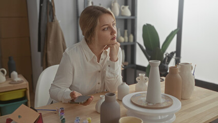 Fototapeta premium Woman artisan holds smartphone and rests chin on hand among ceramic vases and pottery tools on a wooden table in studio; quiet contemplation.