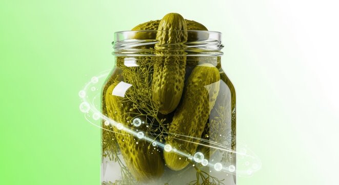 Healthy fermented dill pickles submerged in cloudy brine inside a glass jar, emphasizing beneficial gut bacteria and low-calorie snack properties, glass, electrolyte, salty