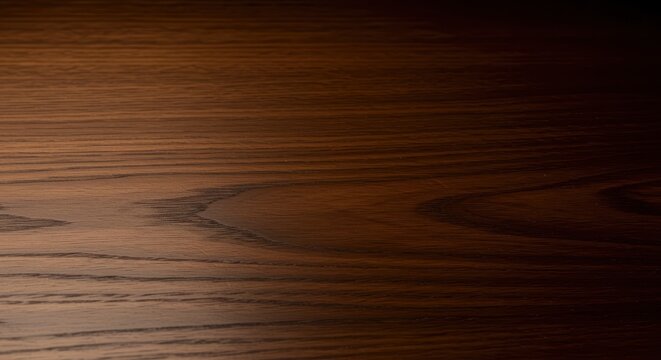 Luxurious deep brown wood grain background, highly polished hardwood surface showing swirling natural textures and smooth finish, plank, seamless, pattern