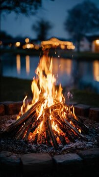 Flames dance and sparks rise from a glowing bonfire in a stone pit during the evening. Warm light illuminates the logs, with reflections from houses visible across a tranquil lake under a dark sky