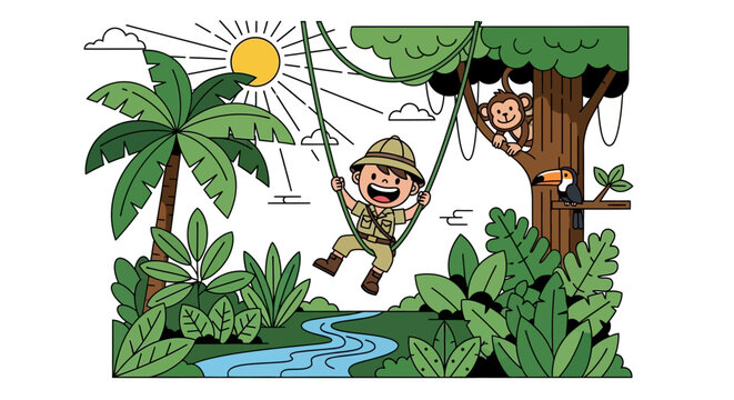 Child enjoys a jungle adventure with monkey and toucan illustration
