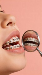Naklejka premium A person with orthodontic braces on their teeth is being examined with a magnifying glass, highlighting the importance of dental care and orthodontic treatment for a healthy and beautiful smile.
