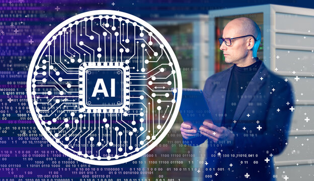 Artificial intelligence, Software development. Specialist analyzes AI processor concept and digital data on tablet in server room, machine learning and cybersecurity systems integration.