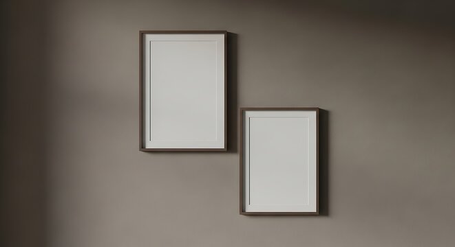 Two empty picture frames hanging on plain textured wall surface