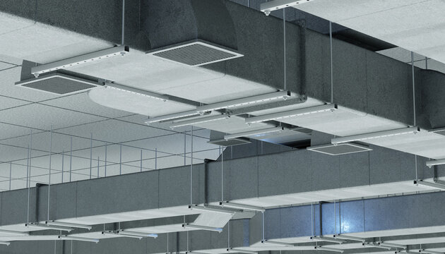 HVAC installation, ventilation ducts and ceiling air diffusers are mounted in a commercial building, supporting climate control, air circulation and mechanical engineering systems 