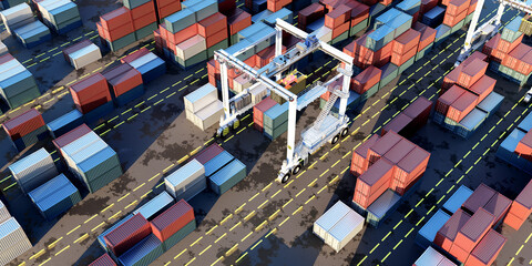 Port logistics, gantry crane moves shipping containers across a busy container yard, supporting cargo handling, freight storage and terminal operations 3d image © Grispb
