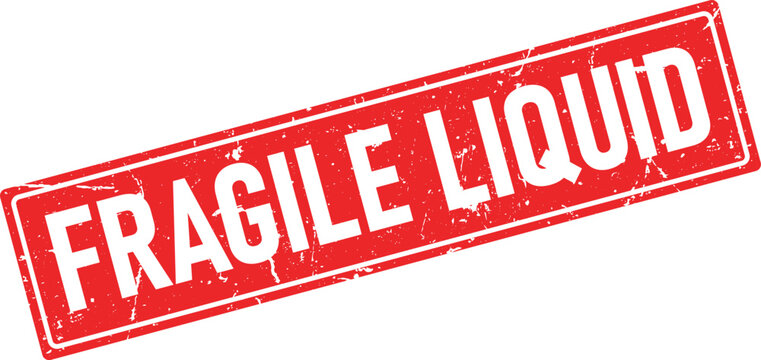 A clear red rectangular rubber stamp impression displaying the white text FRAGILE LIQUID in a distressed, grunge style