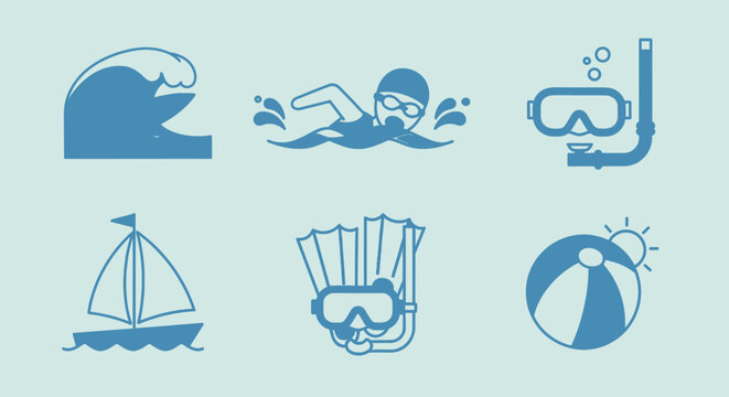 Summer recreation icons waves swimmer snorkel sailboat flippers beach ball