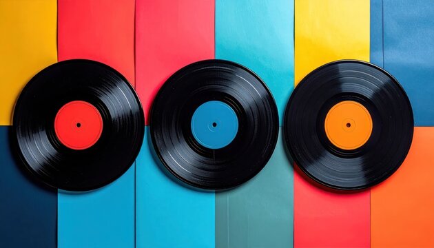 Three Vintage Vinyl Records on a Colorful Background.