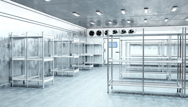 Cold storage, refrigerated warehouse room stands ready with metal shelving and cooling units, supporting food storage, inventory staging and chilled logistics operations 3d image