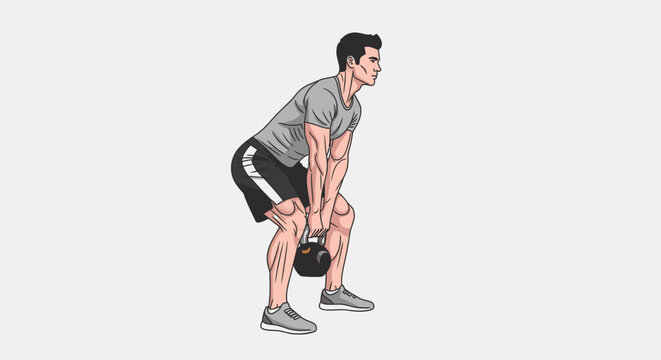 Man performing kettlebell exercise on white background isolated illustration