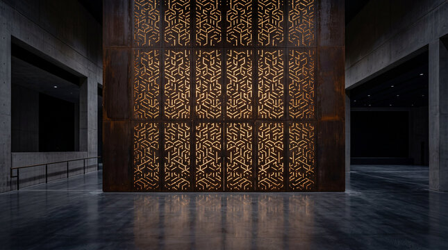 Perforated Corten Steel Wall Backlit at Night with Geometric Light Patterns