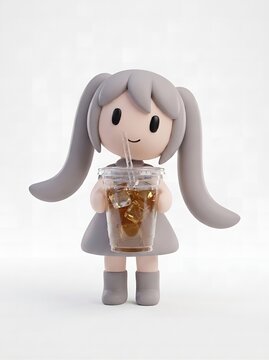 Cute pastel 3D character holding iced coffee in clear plastic cup, refreshing cold beverage concept isolated background