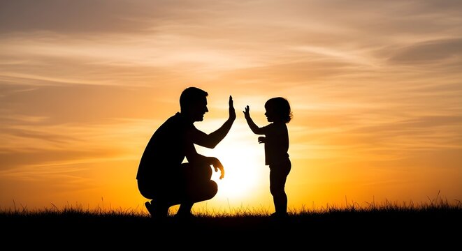 Father and Child Silhouette High Five at Sunset Sky, Family Bonding