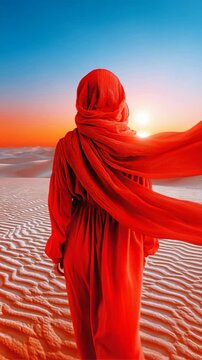 A person in a long red dress with a flowing scarf walks across a sandy desert landscape. The sun sets on the horizon, painting the sky orange and blue as wind blows the fabric