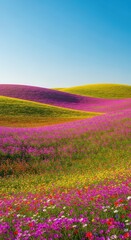 Fototapeta premium A brightly lit, expansive meadow featuring rolling hills covered in highly saturated, colorful wildflowers under a clear blue sky, cheerful, wide, happy