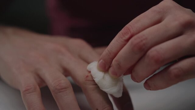 Hands cleaning bleeding cut on finger with cotton pad after domestic accident. First aid treatment for small wound, illustrating healthcare and self care concepts, close-up, slow motion.