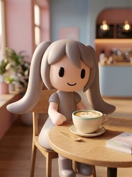 Cute pastel 3D character enjoying latte at cozy cafe table, warm coffee shop lifestyle concept