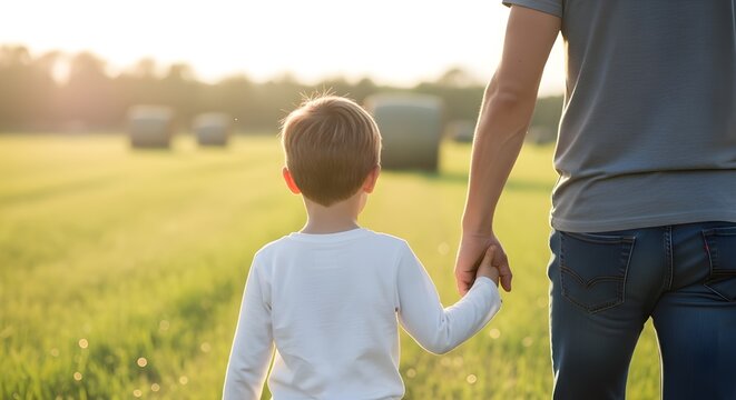 Father and son holding hands walking in golden field at sunset