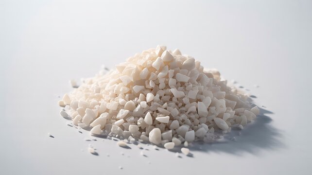 White rock salt crystals pile isolated on white background