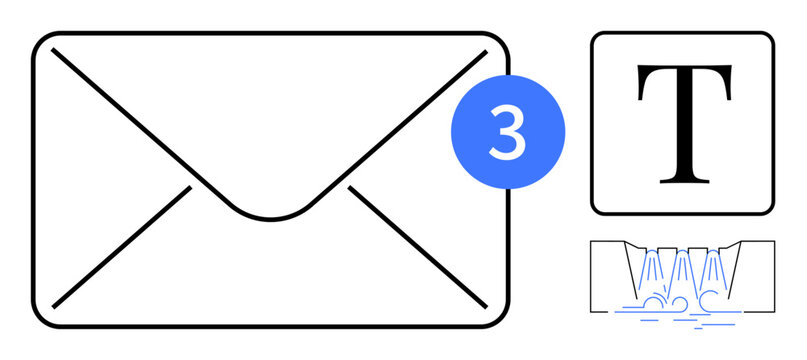 Email management, notifications, communication, digital messaging, information flow, typography. Envelope with notification icon, text symbol water flow icon. Email management and notifications