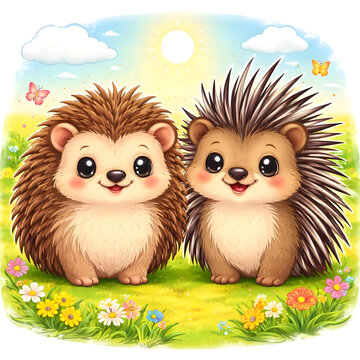 Adorable hedgehog and porcupine characters standing in a sunny meadow
