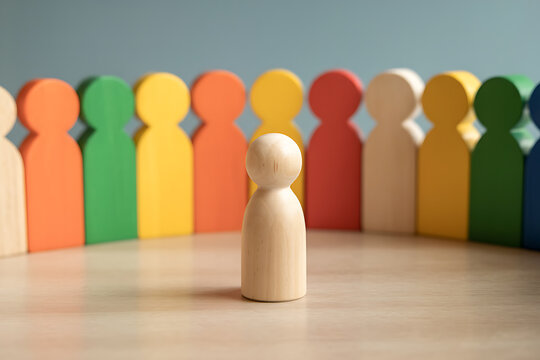 Single wooden peg person figure standing in front of a colorful diverse group with public speaking decision maker standing individuality community management leadership representation abstract