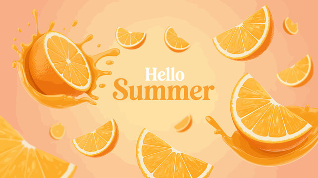 Oranges and orange slices with juice splashes on peach background with hello summer text