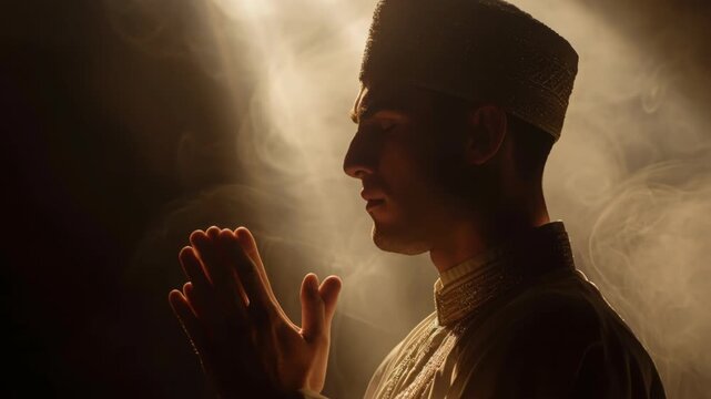 Young Muslim man deeply engaged in prayer, hands clasped, wearing a Kufi cap and traditional garment
