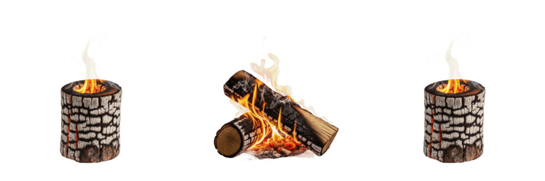 Burning Wood Log Fire Isolated for Camping Outdoors and Winter Warmth Concepts