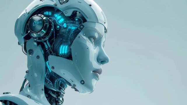 A futuristic female-like robot's head and upper body are visible in profile