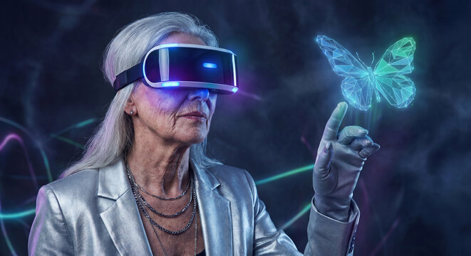 Senior Woman Using Virtual Reality Headset. Future Technology Concept