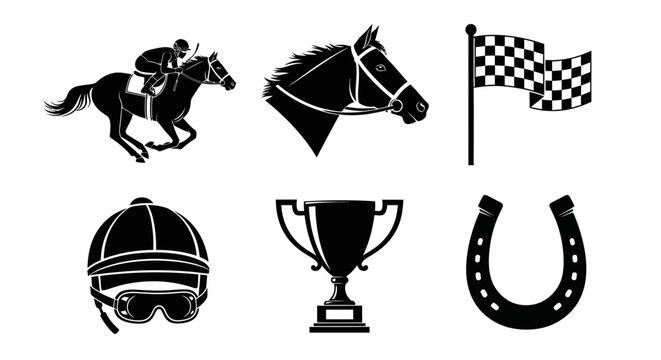Horse Racing Icons, Black Silhouettes, Equestrian Symbols, Sports Graphics, 6 Vector Icons