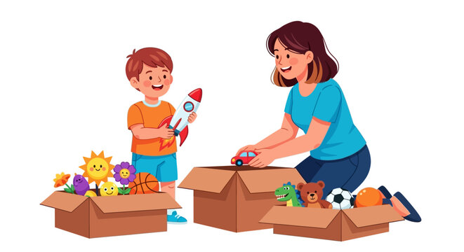 Colorful toys, kids playing, toy boxes, playtime fun, childhood moments, vector illustration