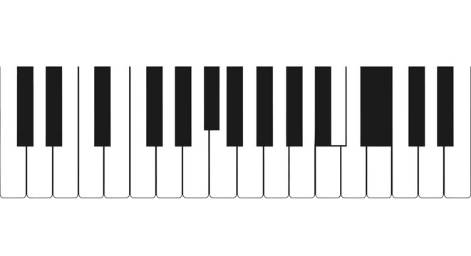 Close up of a piano keyboard showing white and black keys for musical concepts