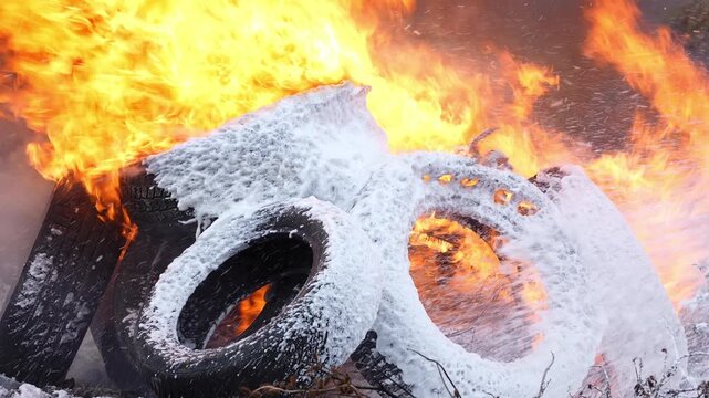 Car tires burning foam extinguishing