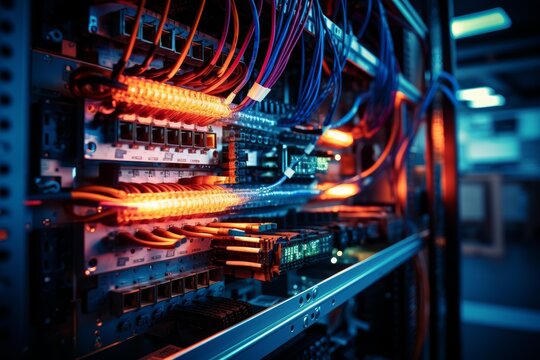 Rack servers with glowing lights and network cables creating data connections