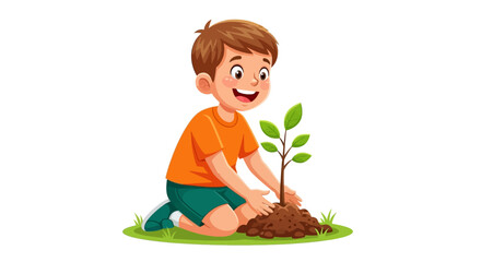Cartoon boy planting tree, green environment, eco friendly, kid outdoors © Adam