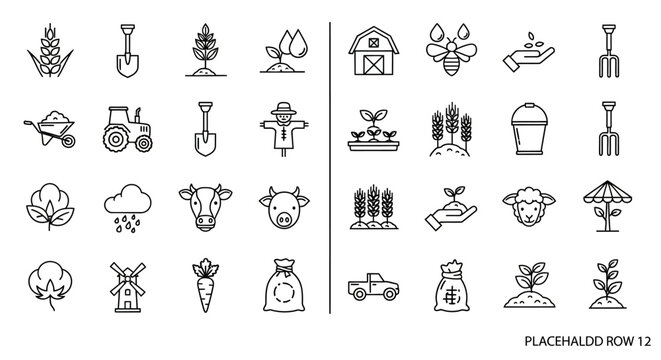 Agriculture icons, farm symbols, 25 line icons, black and white, vector illustrations, farming signs, rural graphics, editable set