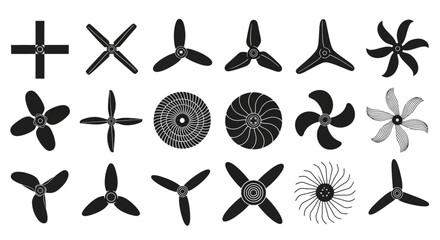 Wind turbine blades, propeller icons, rotor blade sets, black and white graphics, 20 vector illustrations © Adam