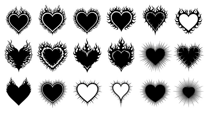 Black heart icons, 20 tattoo hearts, flame and thorn designs, vector graphics