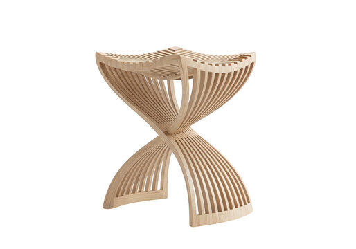Sculptural wooden stool with intricate curved slats and elegant geometric form.