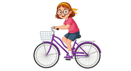 Obraz premium Cartoon girl riding purple bicycle, pink shirt, blue shorts, vector illustration, kids cycling, transportation icon