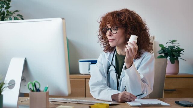 Video of nutritionist woman doing a video call with a patient on a computer while taking notes in a hospital consultation.