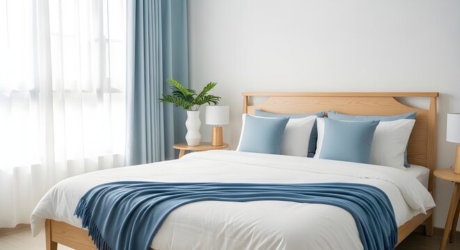 Cozy minimalist bedroom with striped bedding and natural morning light