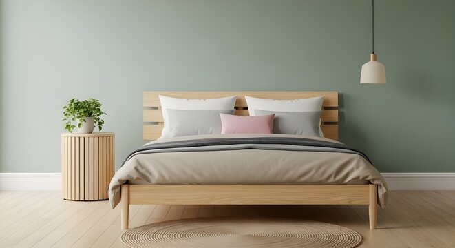 Modern minimalist bedroom with wooden bed and soft natural lighting