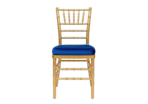 Gold chiavari chair with blue velvet seat cushion, elegant formal event seating, wedding reception furniture.